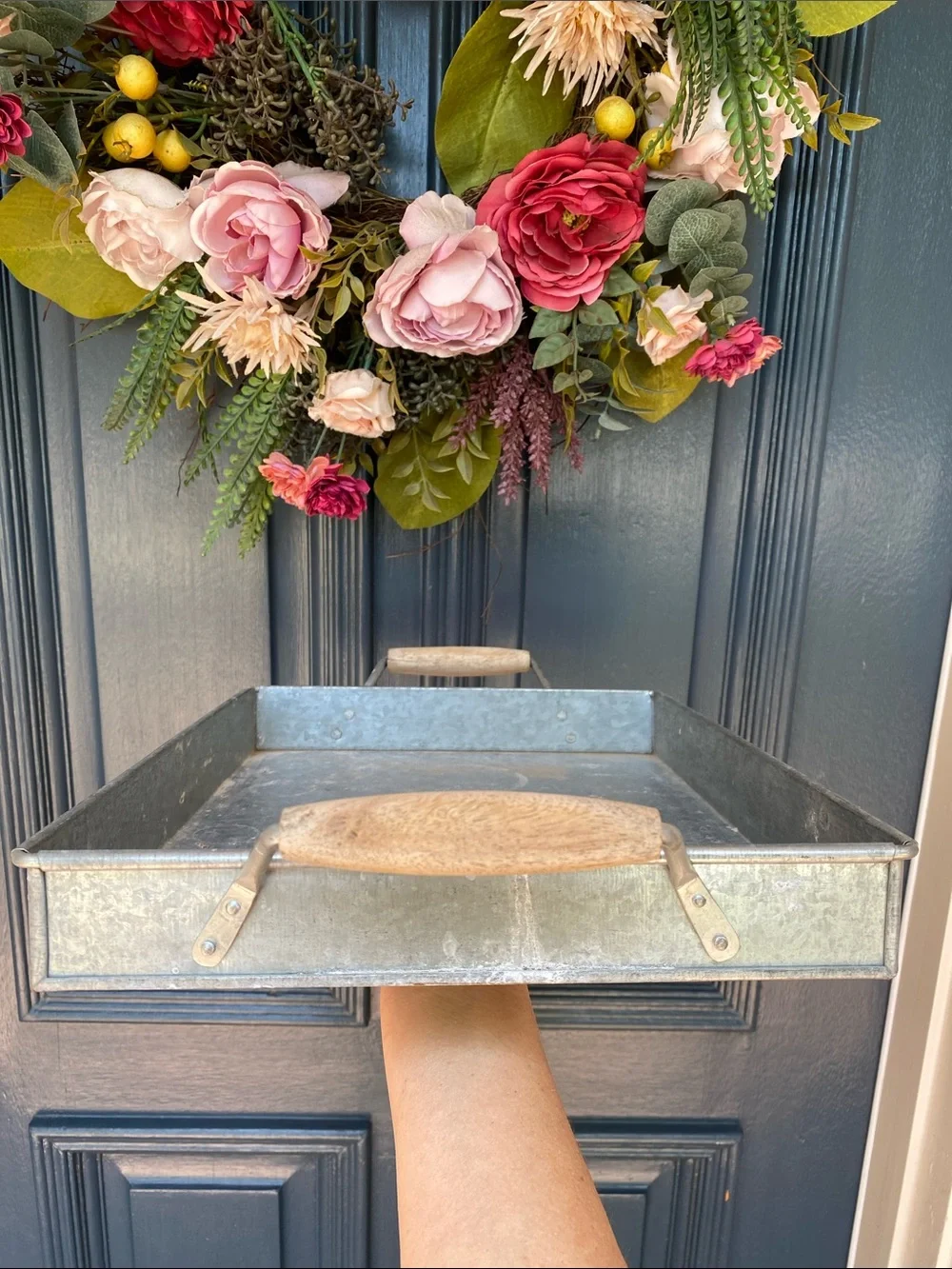 Pottery Barn Rustic Galvanized Metal Tray with Wood Handles